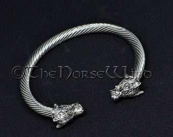 Viking Bracelet, Fenrir Wolf Bracelet Viking Torque, Wolf Head Torc, Norse Ragnar Bracelet, Norse Mythology, Viking Jewelry