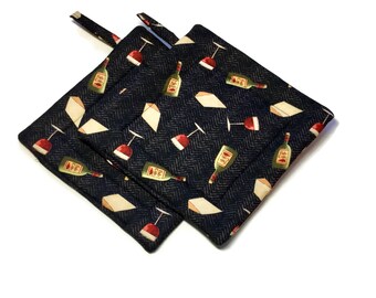 Handmade Quilted Pot Holders Wine Lovers set of 2 Black Wine Wine and Cheese