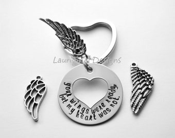 Memorial key chain - angel wing key chain - hand stamped stainless steel - choice of wing style