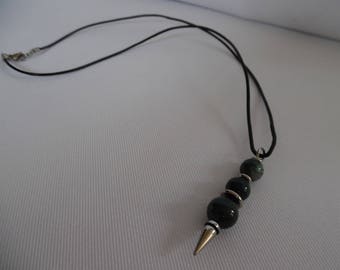 Minimalist man necklace, pendant and black leather cord arrow dressed with agates.