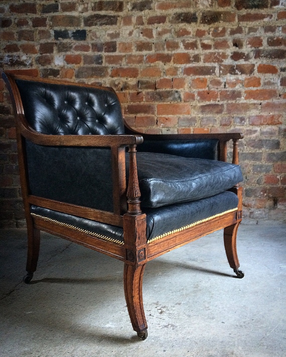 Antique Library Chair Lounge Club Leather Oak Early Victorian - Antique Library Chair Lounge Club Leather Oak Early Victorian