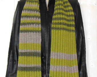 Mixed green and grey scarf knitted by hand