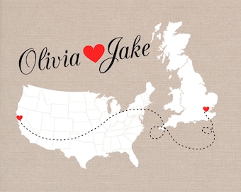 Long Distance Relationship Gift, Custom Maps, Wedding Gift, Engagement Gift - Personalized Print, Linen, Anniversary Gift for Husband