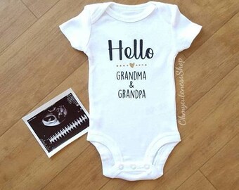 Hello | New Grandparents | Pregnancy Announcement Onesie® | New Baby | Coming 2018 | Pregnancy Reveal | Baby on the Way | Grandma & Grandpa