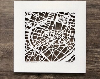 Munich, Berlin, or Dusseldorf hand cut map, 10x10