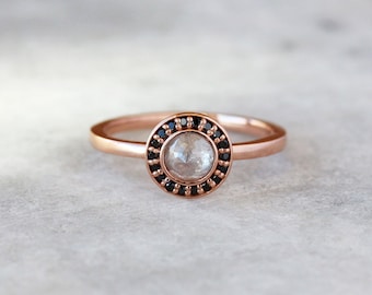 Rose Cut Diamond Ring, Black Diamond Halo Ring, Unique Engagement Ring, Natural Icy Diamond, 14k Rose Gold Band, Ecofriendly Conflict Free
