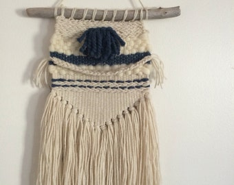 Navy Blue and Off-White Rustic Hand Woven Wall Hanging