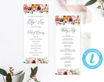 Modern Wedding Program Template Wedding Program Printable