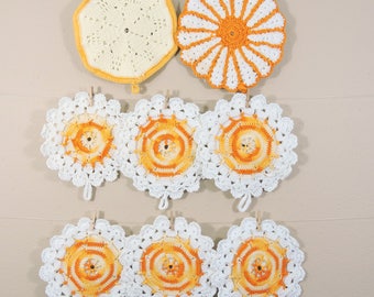 Vintage Crochet Pot Holder Lot / Yellow Orange Crochet Pot Holders / Round Crochet Trivets