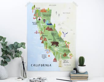 California Illustrated Map - California Print - California Map Poster