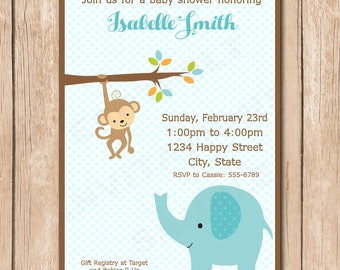 Monkey and Elephant Baby Shower Invitation - 1.00 each printed