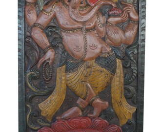 Meditation Yoga India Door Vintage Carved Ganesha Lord of Prosperity, Wisdom Wall Sculpture, Panel Decor grounding root chakra