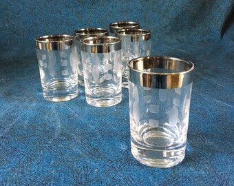 Vintage Silver Rimmed Shot Glasses, Set of 6, Mid Century Silver Barware