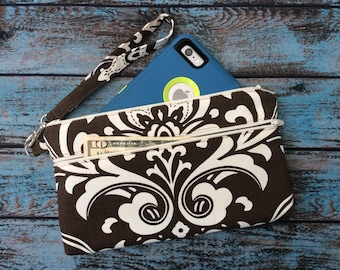 Wristlet; Damask Wristlet Wallet; Phone Wallet; Zipper Pouch; iPhone 7 Wristlet; Cell Phone Purse; Phone Case; Wallet with Strap; Clutch