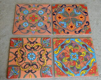 4~MEXICAN TALAVERA POTTERY 12" High Relief hand painted floor stair tile