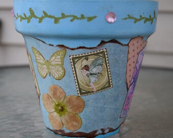 Spring Faerie Decorative Decoupage Flower Pot in Blue