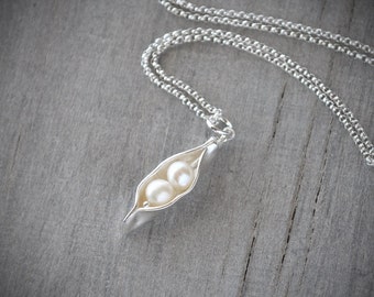 Pea Pod Necklace with Two White Pearls - Silver Pea Pod Mother's Necklace - Mom's Pearl Peas in Pod Two Peas Push Gift