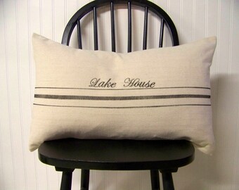 free shipping - grainsack pillow cover- black stripe - personalized - lake house - vintage style - lumbar - canvas- grain sack