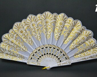 Fabric Hand Fan, Spanish folding fan, white and gold, Dancing fan
