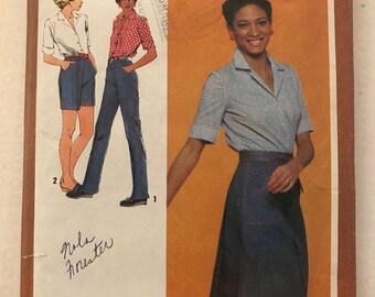 Simplicity 9541 - 1980s Button Front Shirt, Back Wrap Skirt, Straight Legged Pants or Shorts - Size 12 Bust 34
