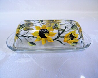Sunflower butter dish, butter dish, covered butter dish, butter dish with lid, butter dish with sunflowers, hand painted butter dish