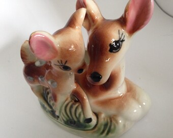Mother and Baby Deer Planter, Centerpiece With Bambi and Mom, Spotted Fawn and Doe