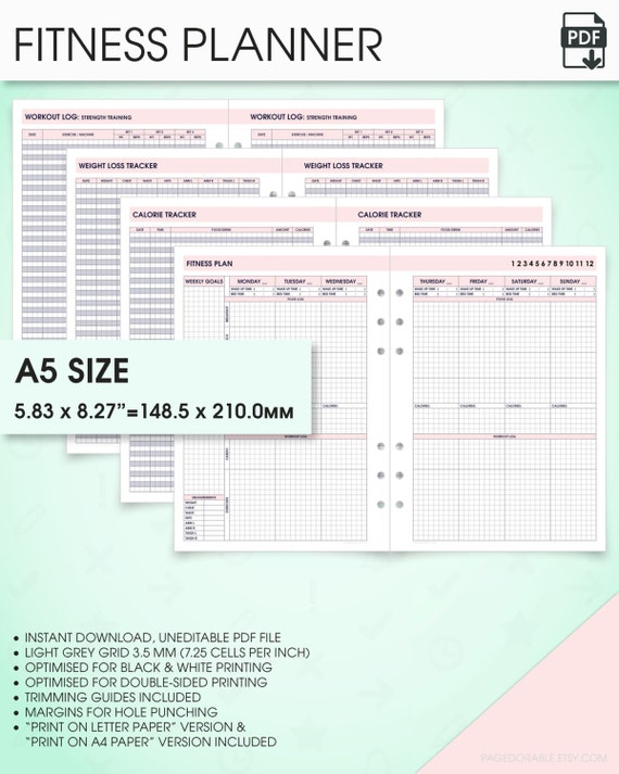 Health & fitness a5 planner inserts printable wo2p.v filofax