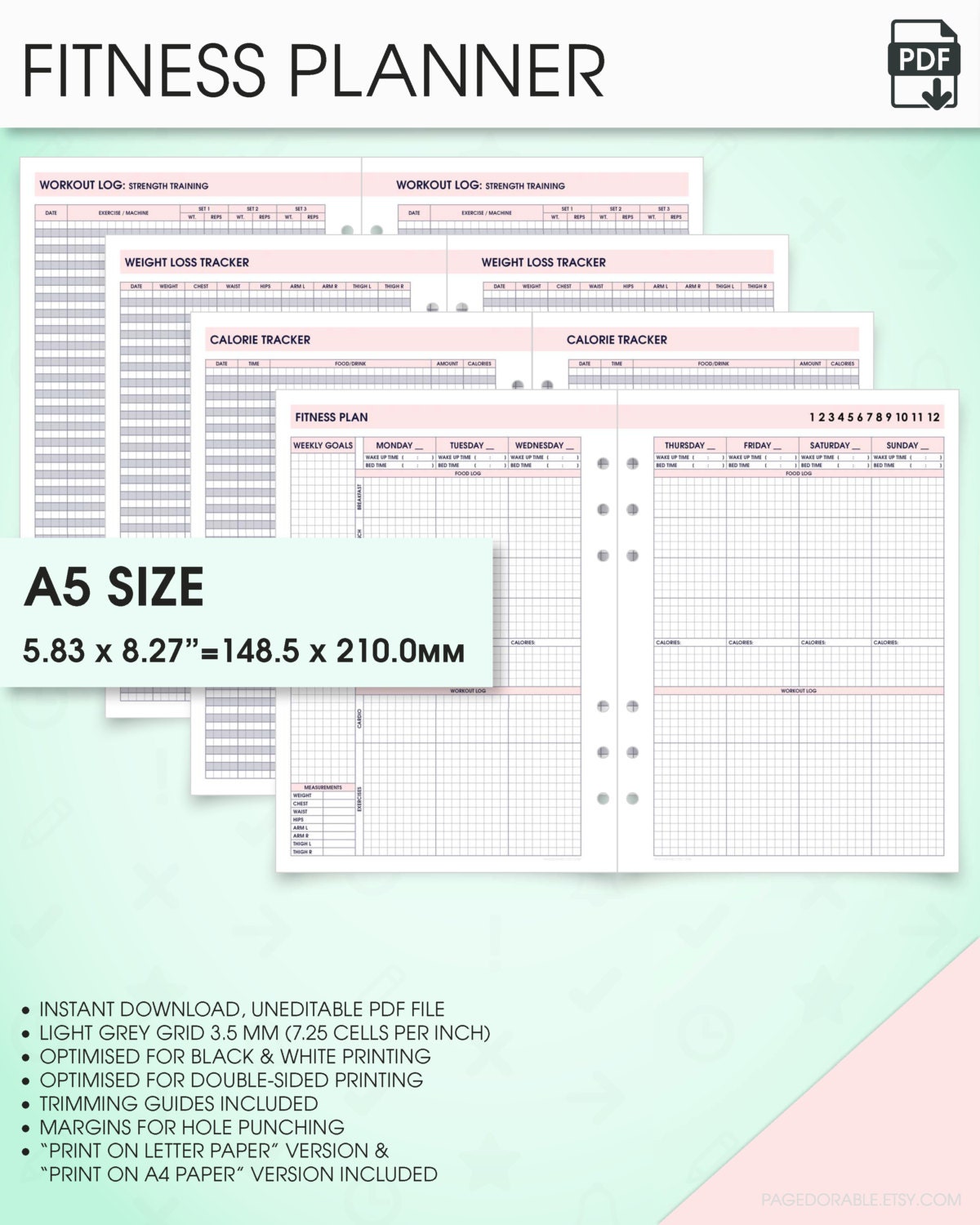 Health & fitness a5 planner inserts printable wo2p.v filofax