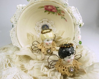 Art Doll Assemblage "Wedding of the May Fairies" Assemblage Art Fairies in a Teacup