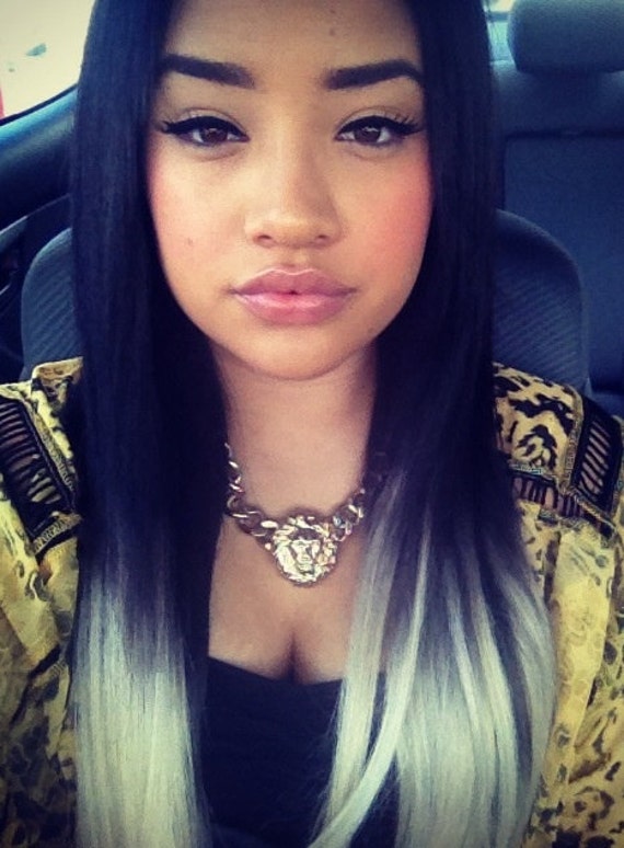 1B Off Black Silver Grey Hair Tips Only Extensions Dip Dye 8A