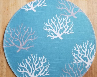 Round Cloth placemat, Isadella seaside coral, coastal blue and white, fabric place-mat colorful cotton table linens