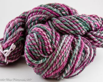 OOAK Rustic Christmas hand-spun yarn, worsted weight, 3-ply, burgundy, evergreen, pink, lavender