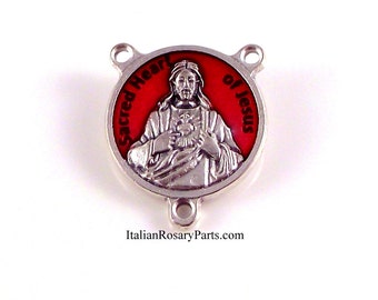 Sacred Heart of Jesus Red Enamel Rosary Center Medal | Italian Rosary Parts