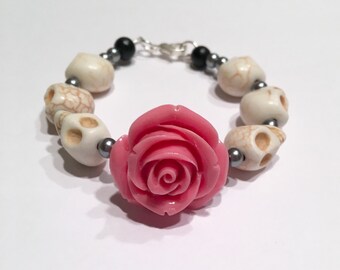 Pink Rose and White Day of the Dead Sugar Skull bracelet, Dia de los muertos howlite skull bracelet