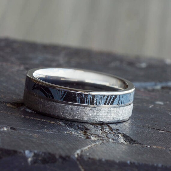 Blue Titanium Wedding Band Meteorite Ring With Mokume Gane