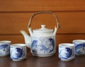 Otagiri bamboo Handle Hand Painted Teapot With four Matching Cups