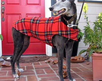 Greyhound Dog Coat & Jacket, XL Dog Coat, Red, Blue, Black, Yellow, and White Tartan Plaid Fleece with Black Fleece Lining