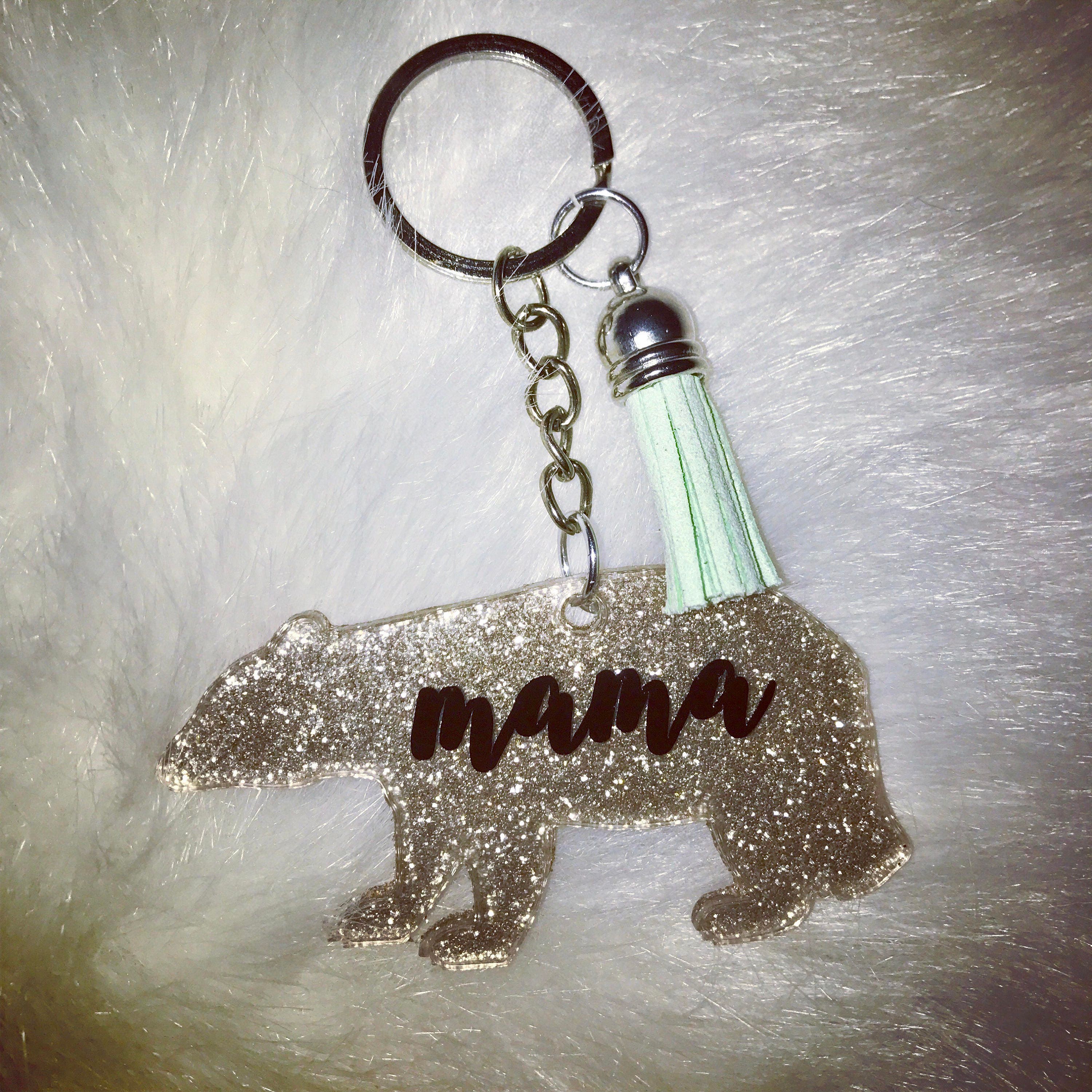 Mama Bear Glitter Keychain W Tassel Acrylic Keychain Mama