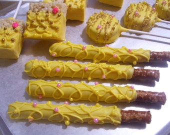 Pretzel Rods Beauty, Beast Princess Belle Themed Chocolate covered Pretzel Rods Rice Treat Pops or Oreo Pops 1 dozen