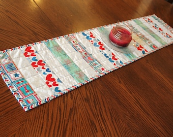 Patriotic Quilted Table Runner - Red, White, Blue and Aqua Blue Hearts and Stars , 4th of July, Quiltsy Handmade