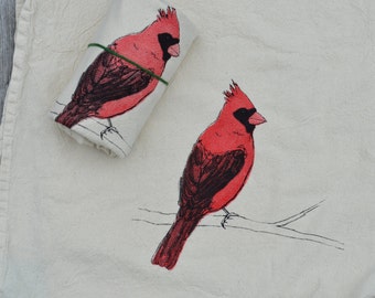 Tea Towel, Screen Printed Flour Sack Towel, cardinal,bird, handmade, eco-friendly, kitchen towel, dish towel