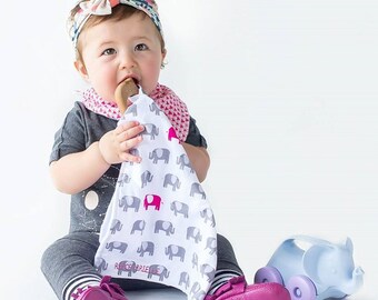 Organic Teething Lovey Blanket / Organic Teether / Lovey Blanket / Teething Blanket / Organic Baby / Wooden Teether / Elephant Print