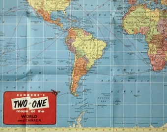 1950s vintage brightly coloured large back to back wall map of the world map of canada