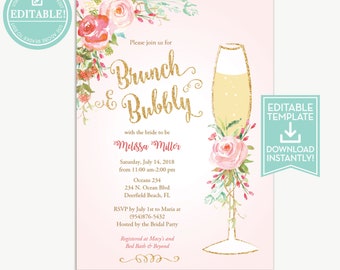 Brunch and Bubbly Invitation Template Editable - Bridal Shower - Wedding Shower - Baby Shower - Birthday - Instant Download - LR1050PK