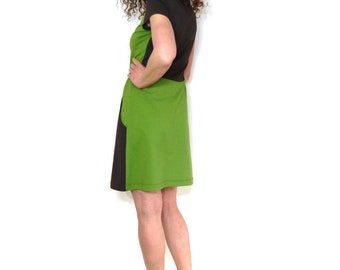 Dress with pockets, short sleeve, green and brown