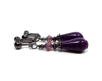 Purple Earrings, Teardrop Earrings, Lever Back or Hook, Vintage Style, Goth Earrings, Elegant Formal, Drop Earrings