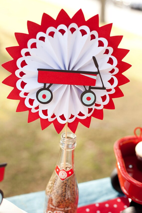 Little Red Wagon Birthday Centerpiece Modern Rosette on a