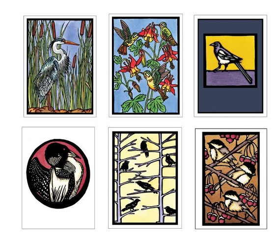 Bird Collection - 6 Blank Greeting Cards - Blue Heron, Hummingbirds, Magpie, Loon, Crows, Chickadees
