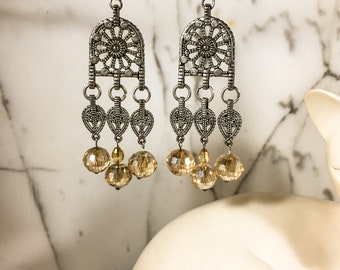 Champagne Crystal Beaded Chandelier Earrings