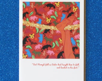 MOWGLI blank greeting card "man cub takes to the jungle" based on rudyard kipling's "the jungle book" featuring faerie tale feet painting